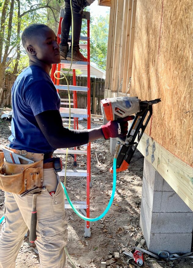 Odhiambo puts his skills to use on the construction of a house in Iowa, Louisiana, that was badly damaged during hurricanes Delta and Laura. He has worked on several different houses in areas including Jennings, Welsh and Iowa, Louisiana.