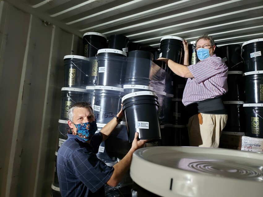 Ever wonder what it looks like to pack a shipping container with humanitarian aid supplies? Rudi Niessen, warehouse coordinator, and Brian Snader, packing coordinator, worked hard to figure out the pu