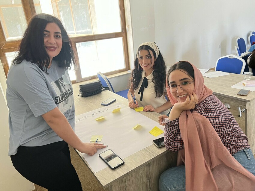 Project participants, names withheld for security reasons, are working through various stations addressing the question "How do we engage this actor in our communities?" The project, in Duhok, Iraq, i