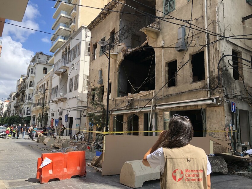 Maya El Jundi, MCC project coordinator for the European Union peacebuilding project, helps to clean up the Beirut neighborhood of Gemmayze with MCC partner Development of People and Nature Association