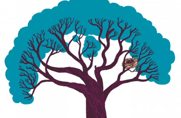 An illustration of a tree with blue leaves