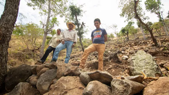 Three Honduran men stand on a rocky hillside
