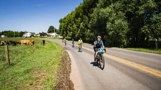 Front to back, Laura Pauls-Thomas, Curtis Book, Jennifer Lancaster, Megan Hoffman and Matt Hoffman are participants in a 52-mile bike ride in Pennsylvania's Lancaster County on July 30, 2022.

The r